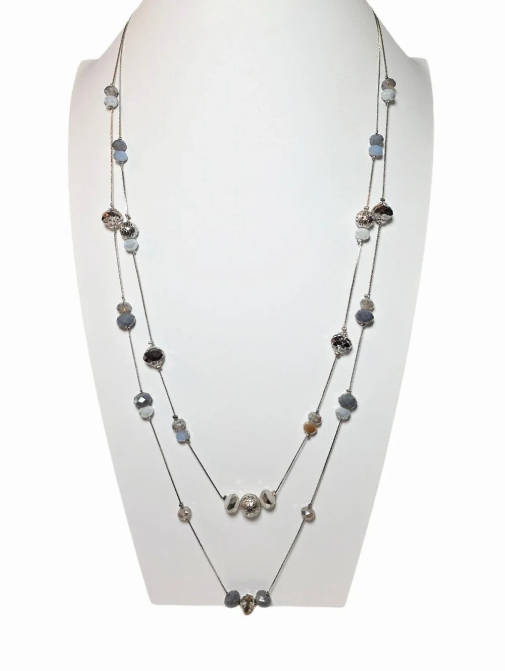 Multi-Tone Faceted Gray & Iridescent & Silver Bead Two Strand Long Necklace